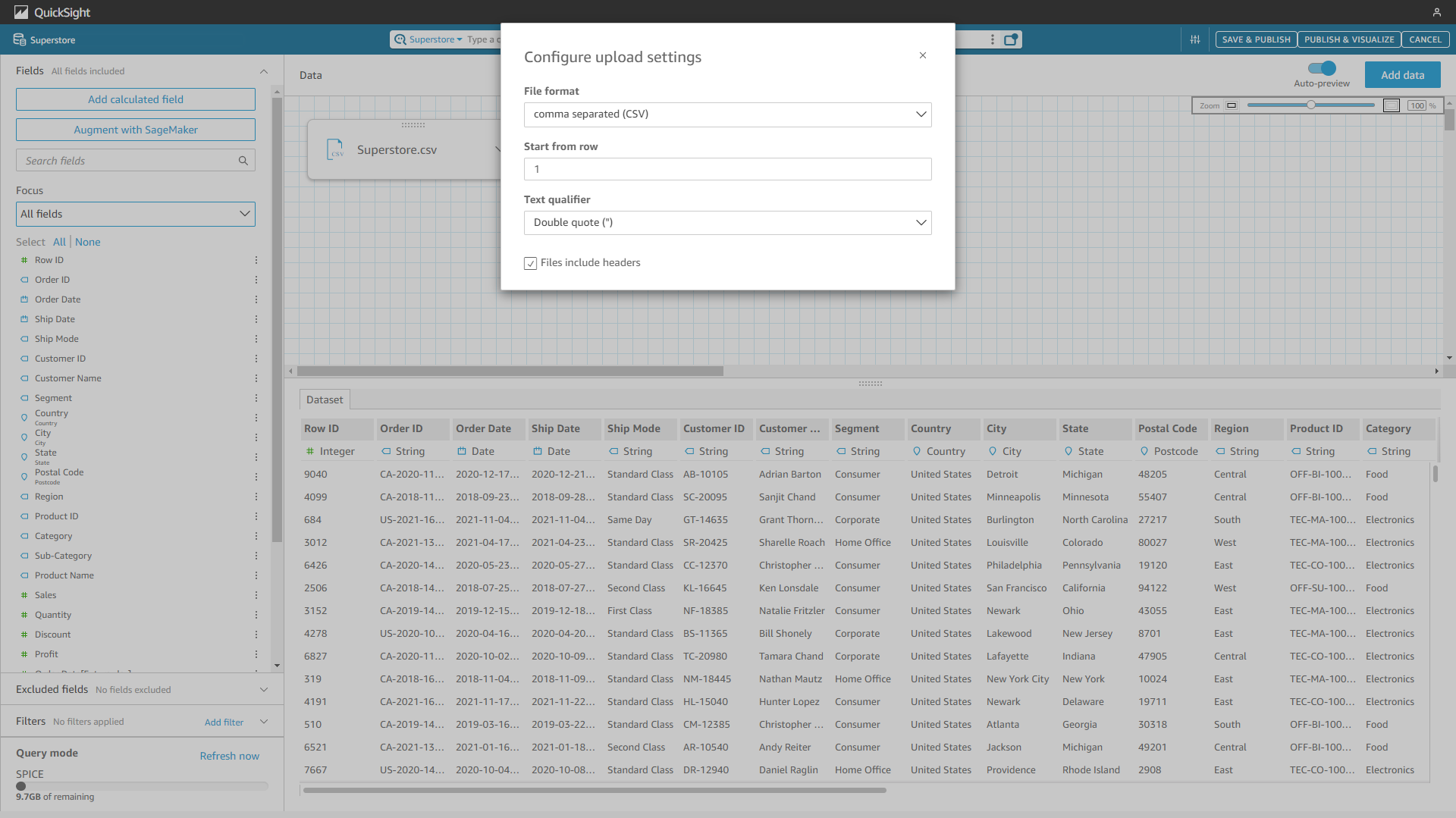 Figure 2-17 Upload settings - Amazon QuickSight